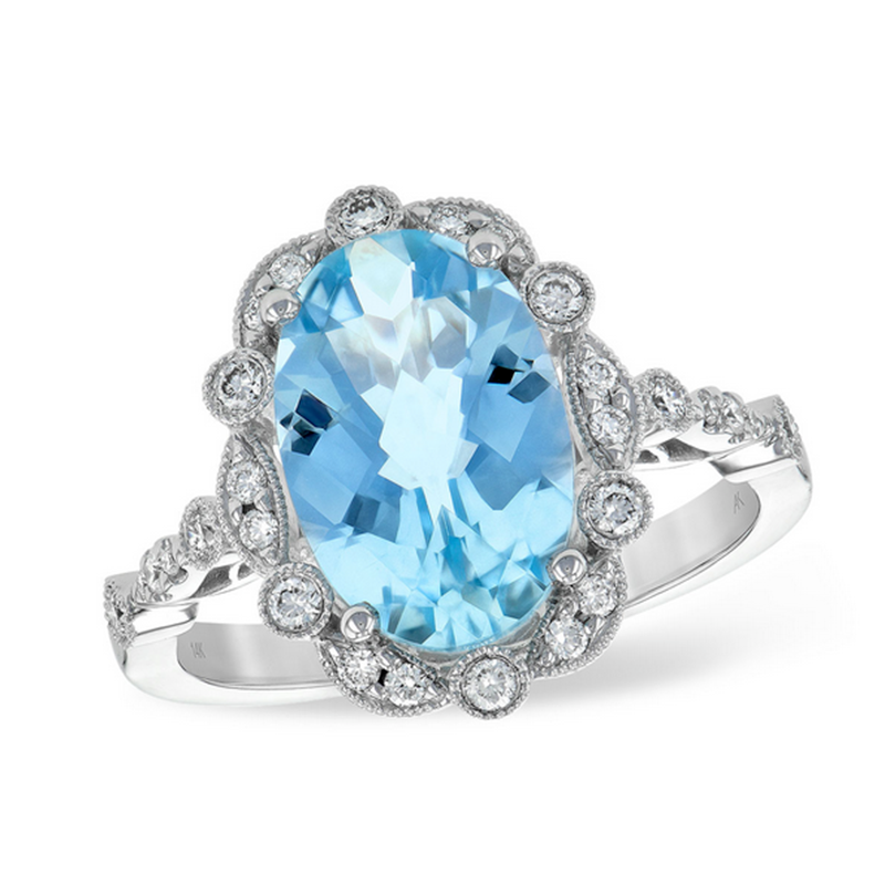 Natural Genuine Aquamarine & Diamonds 3.03 carats total weight Vintage Design Ring (14kt)