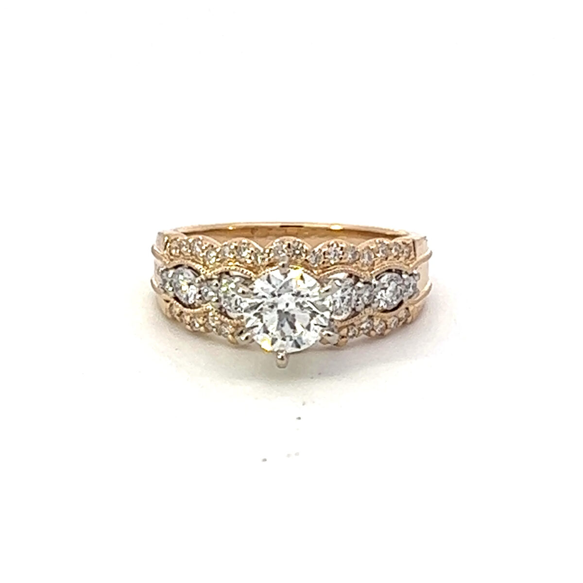 Two Tone Scalloped Design Round Diamond Engagement Ring