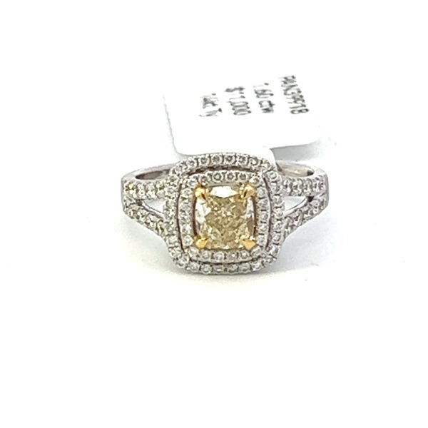 Fancy light yellow natural cushion diamond in Halo Ring 1.60 cts total weight