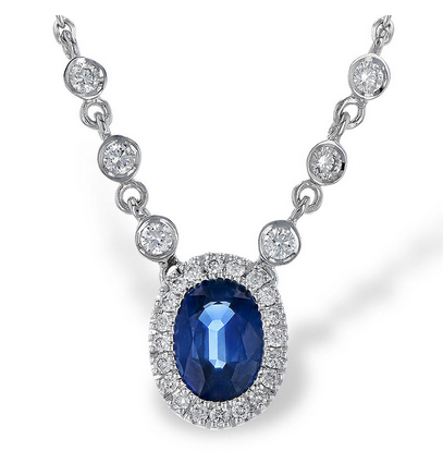 Genuine sapphire with natural diamonds Halo pendant 14 kt white gold