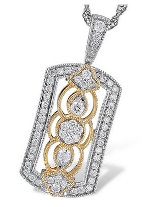 Filigree designed two-tone pendant with natural mined diamonds
