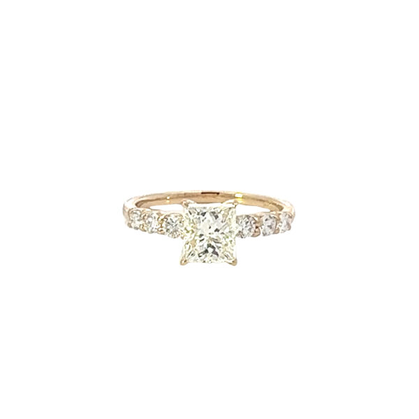 Contemporary 5-diamond Engagement Ring set with one 1.51-carat genuine natural Princess Cut diamond in the center set with full-cut round diamonds on the sides