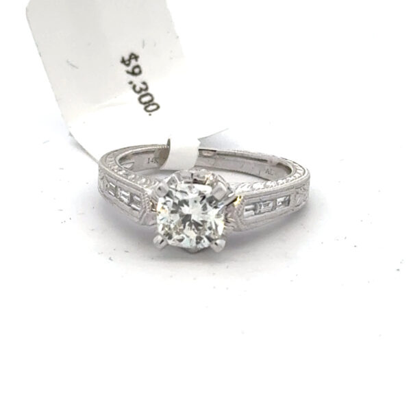 14 kt white gold modern Vintage Engagement Ring with a 1.14 ct Cushion Cut Diamond
