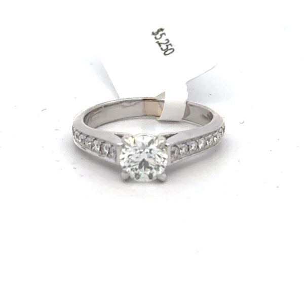 14 kt white gold modern Engagement Ring with a .80 ct Round Cut Diamond w/ Accents 1.05 cts tw