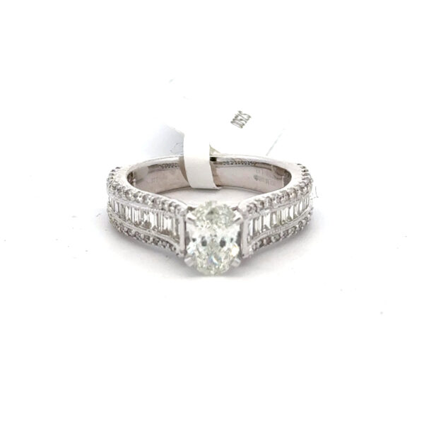 14 kt white gold Cathedral Engagement Ring with 2.14 cts tw Oval Diamond w/ Baguette & Round Accents