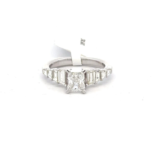 14 kt white gold Radiant Cut Diamond Engagement Ring with 2.21 cts tw w/ Baguette Diamond Side Diamonds