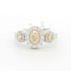 14Kt WG 3 Natural Yellow Oval Diamonds with Round White Halo Ring