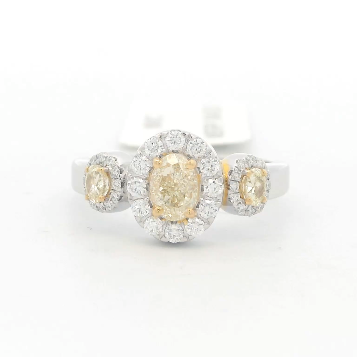 14Kt WG 3 Natural Yellow Oval Diamonds with Round White Halo Ring