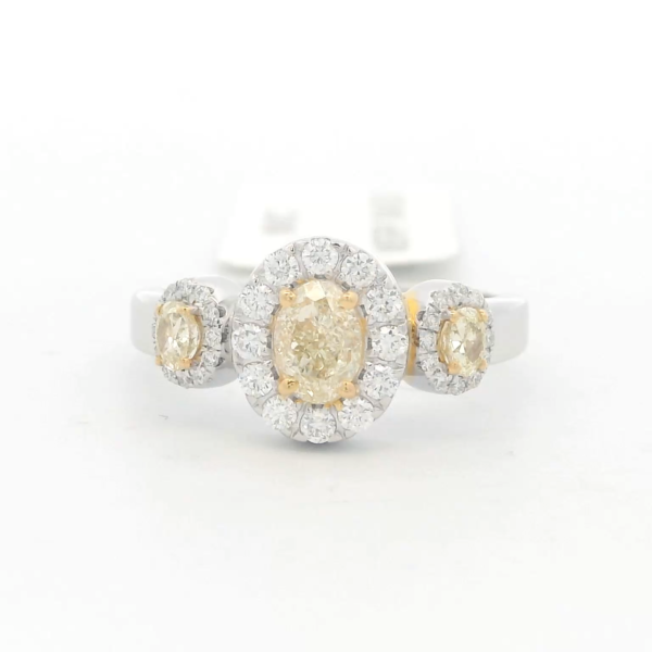 14Kt WG 3 Natural Yellow Oval Diamonds with Round White Halo Ring