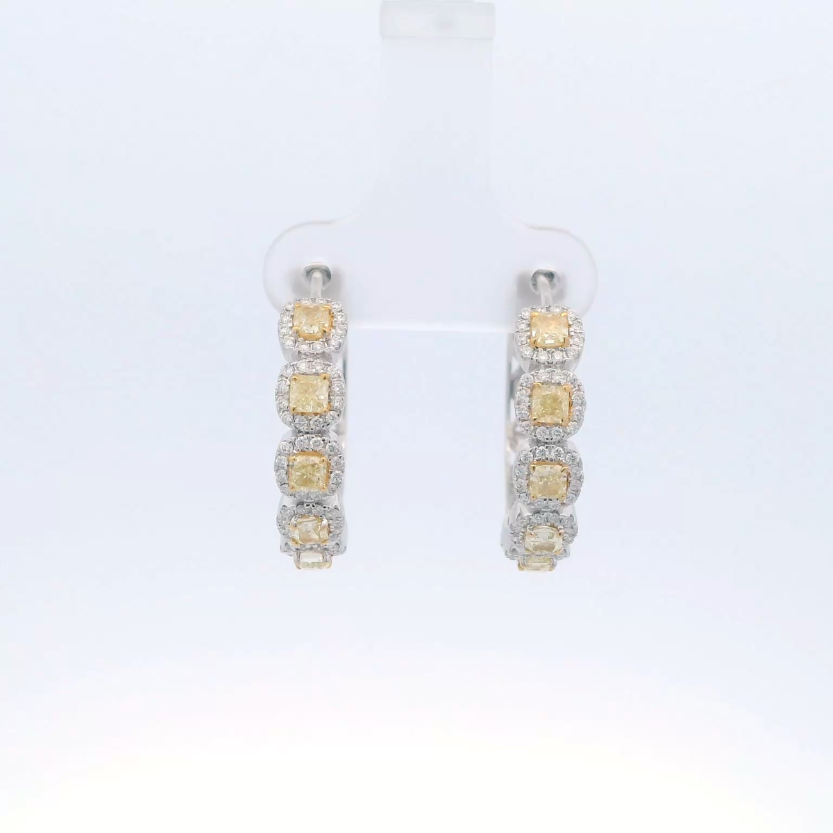 14Kt WG Cushion Hoop Earrings with 2.06 cttw of Natural Yellow & White Diamonds