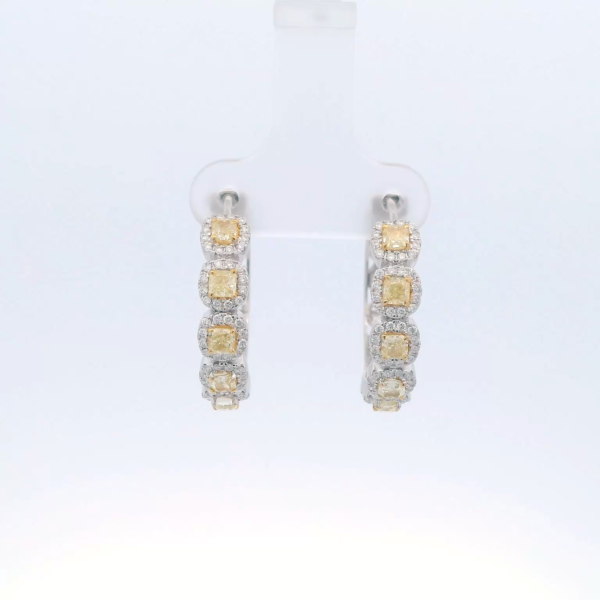 14Kt WG Cushion Hoop Earrings with 2.06 cttw of Natural Yellow & White Diamonds