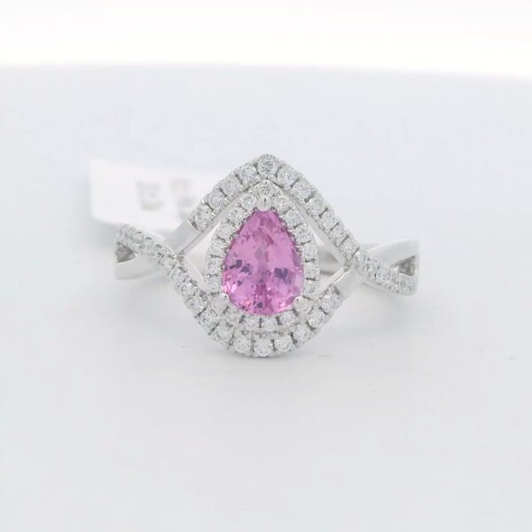 .90 ct. Pear Shaped Pink Sapphire & .33 tw. Diamond Ring in 14kt White Gold