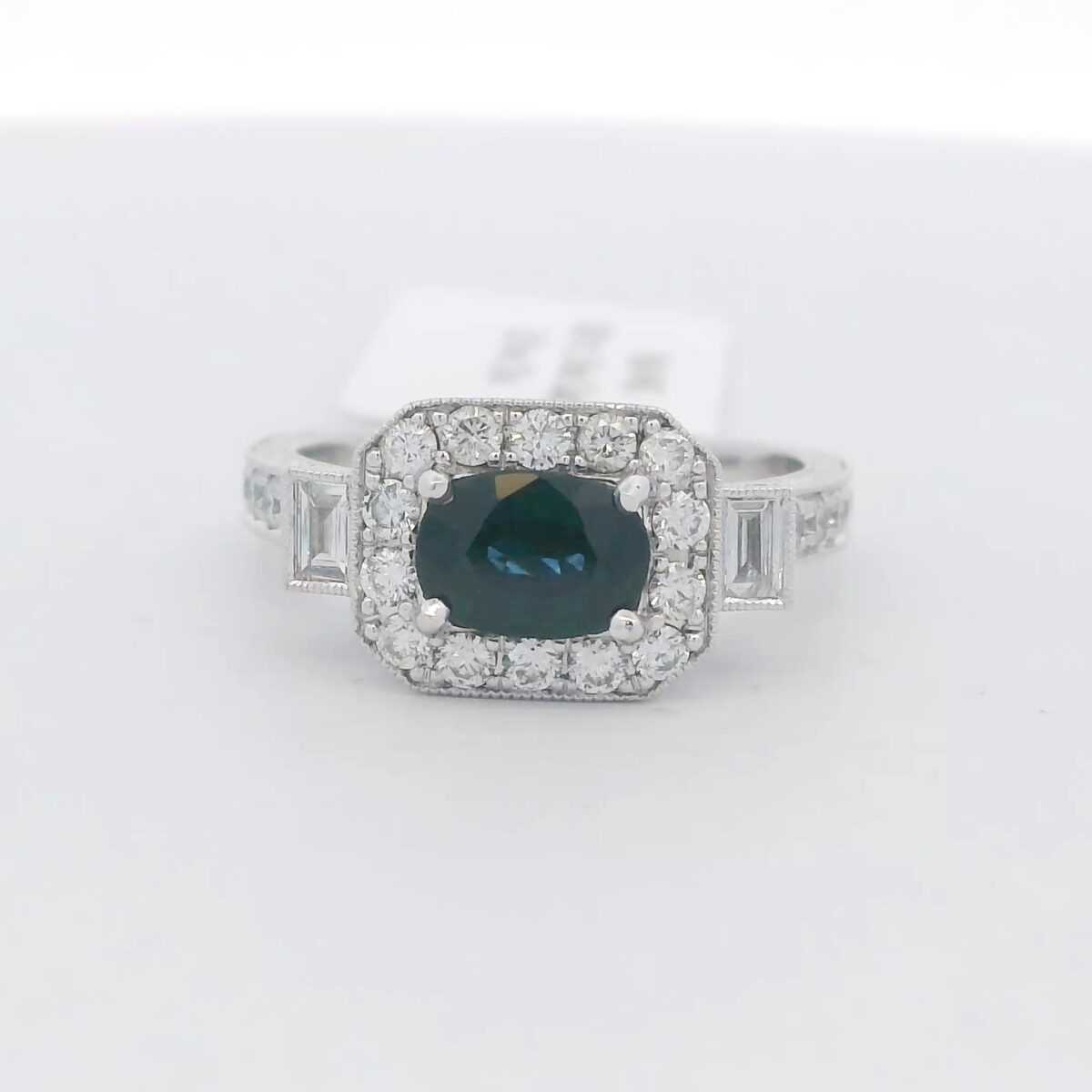 Ladies 18kt White Gold Oval Sapphire & Diamond Halo Ring 1.00 ct. Sapphire .50 tw. Diamonds