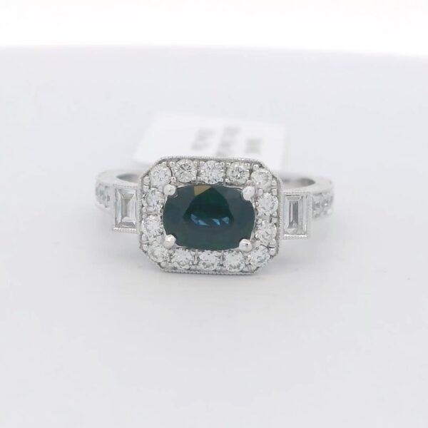 Ladies 18kt White Gold Oval Sapphire & Diamond Halo Ring 1.00 ct. Sapphire .50 tw. Diamonds