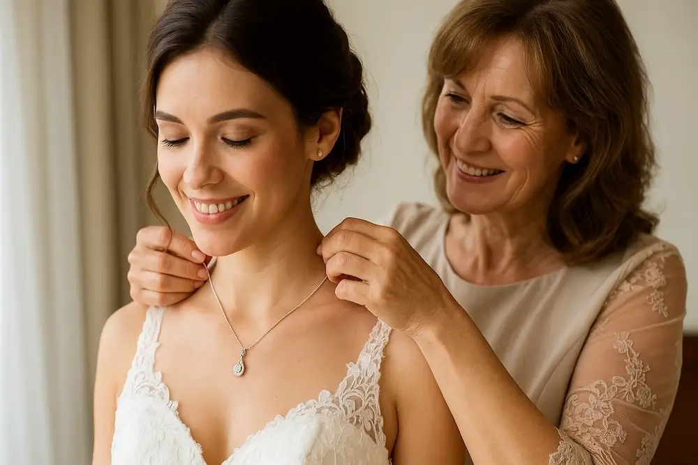 mother placing diamond necklace around daughter's neck