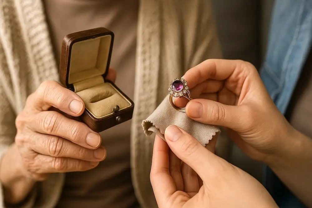 two people holding heirloom jewelry and jewelry box