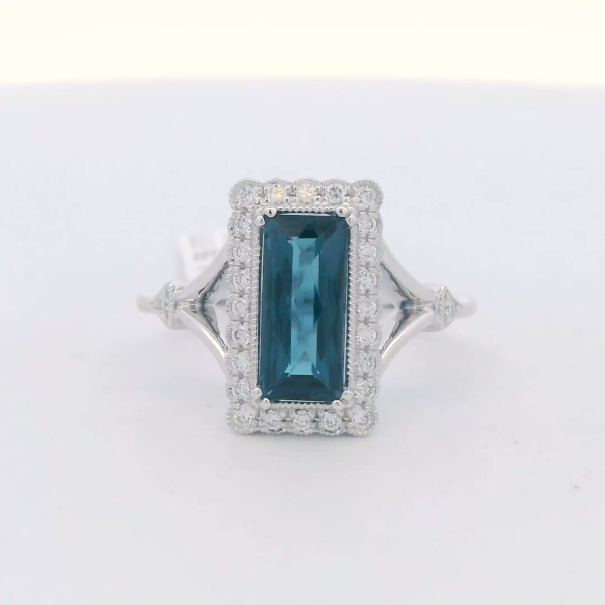 Ladies 14K White Gold London Blue Topaz & Diamond Halo Ring (1.75 cttw.) AK-D5772