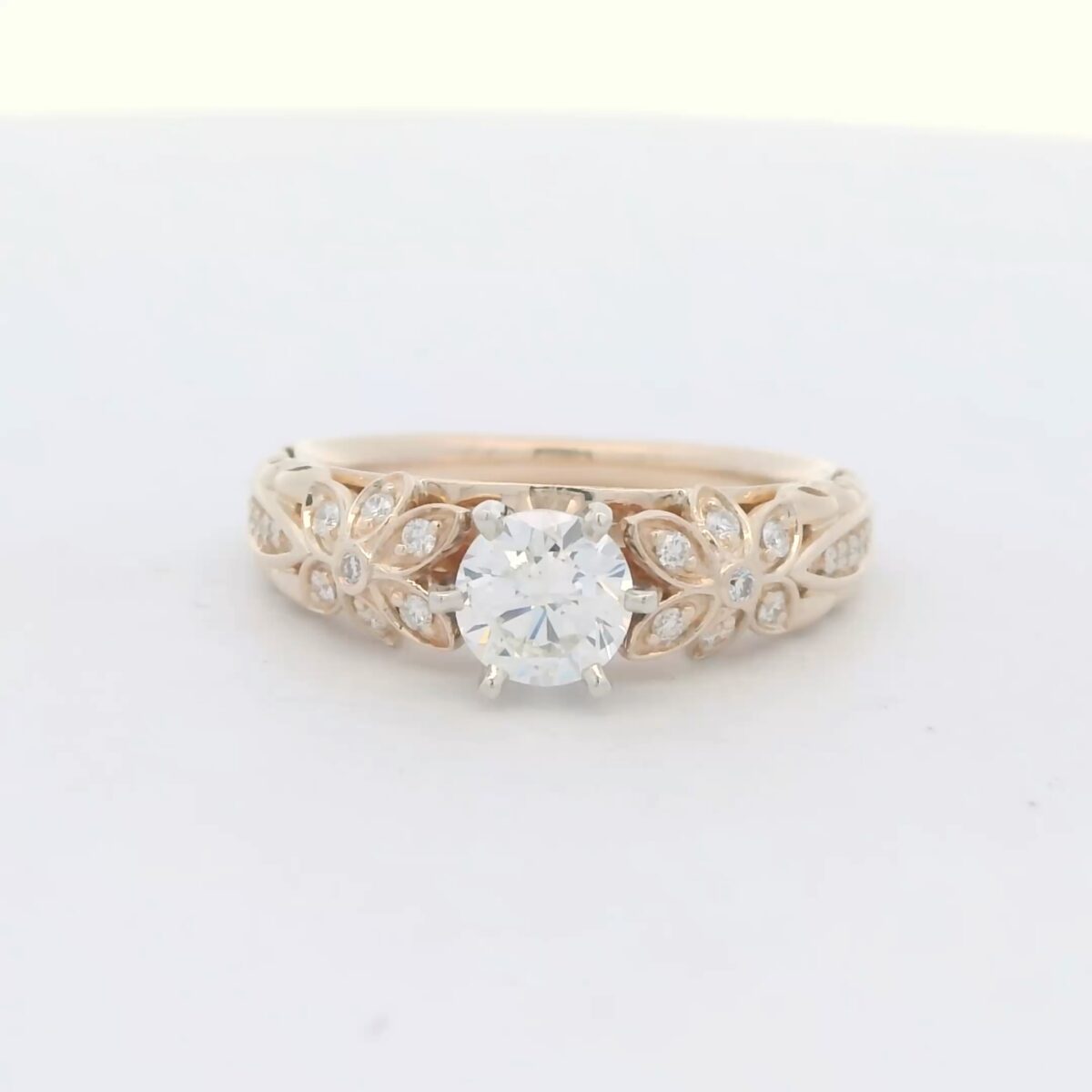 14K YG Floral Engagement Ring w/ Round Center Diamond