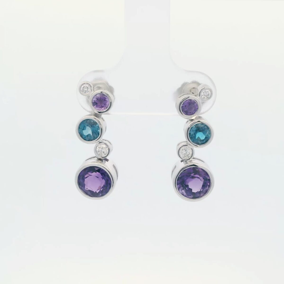 14K WG Earrings w/ Round Amethysts, London Blue Topaz, & Diamonds (2.30 cttw.)