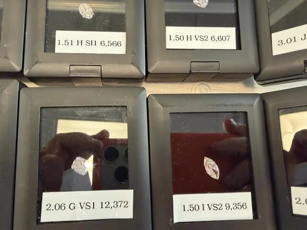 various diamond shapes displayed in black cases