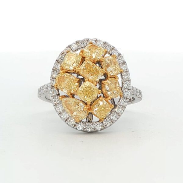 14K WG Cluster Ring w/ Mixed Shaped Fancy Yellow Diamonds & Round Brilliant White Diamonds (3.00 cttw.)