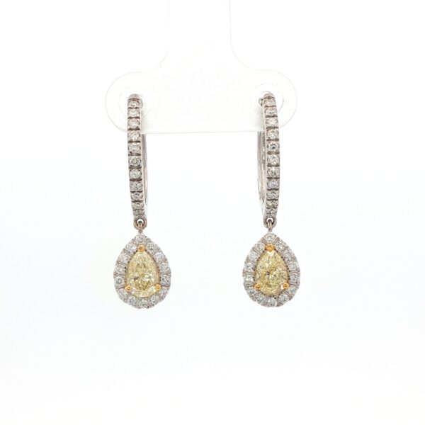 14K WG Fancy Yellow Pear Shaped Diamond Dangle Earrings w/ White Diamond Halos (1.53 cttw.)