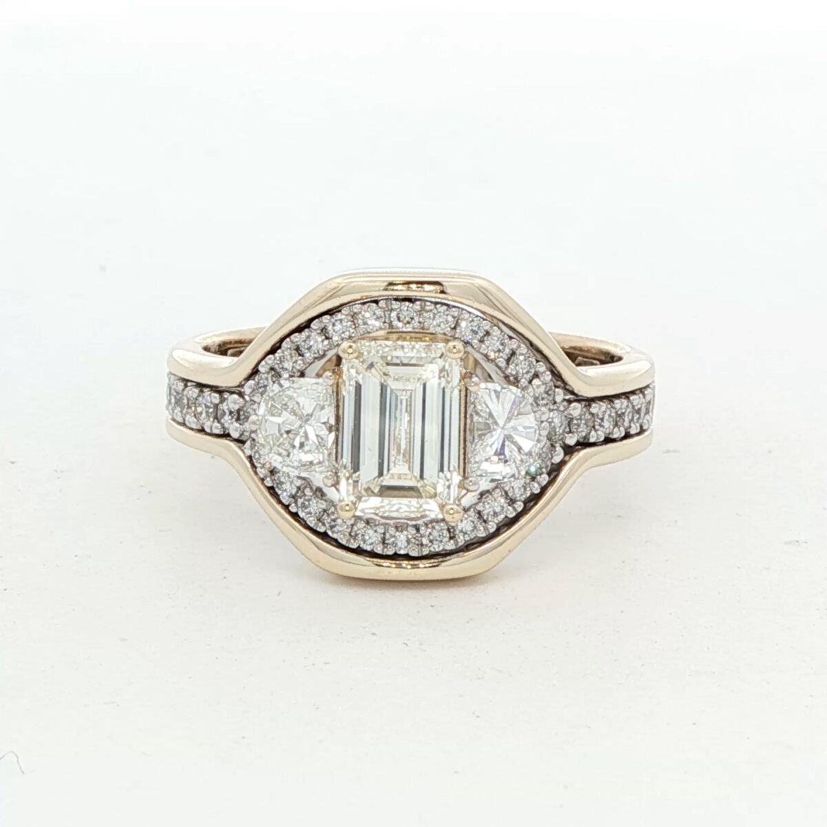 14K YG Diamond Ring w/ 1.00 ct. Emerald Cut Center & 2 Half-Moon Cut Side Diamonds (1.69 cttw.)