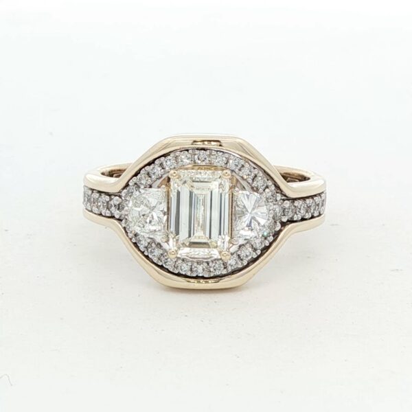 14K YG Diamond Ring w/ 1.00 ct. Emerald Cut Center & 2 Half-Moon Cut Side Diamonds (1.69 cttw.)