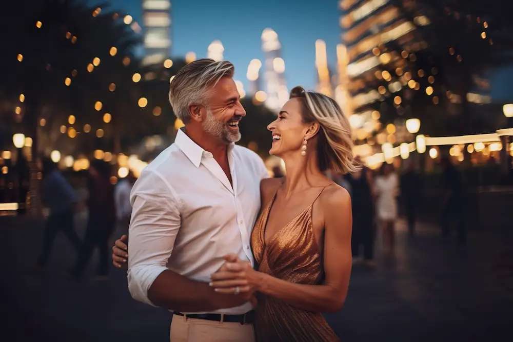 smiling couple dancing, city lights in background