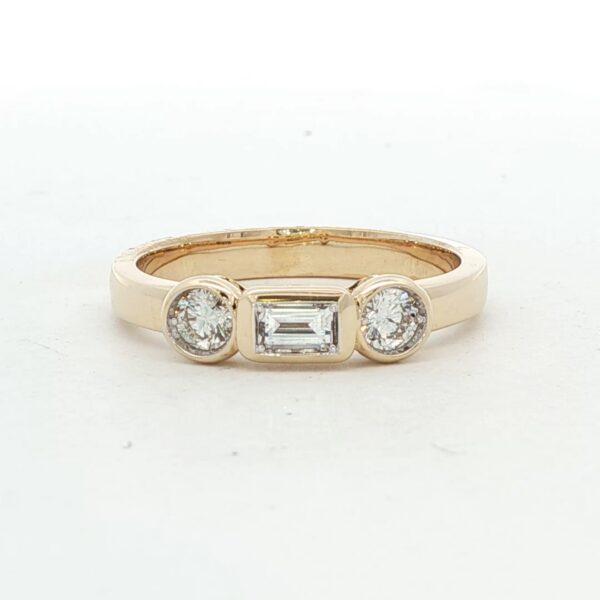 14k YG 3-Stone Diamond Ring w/ .49 cttw. of Baguette & Round Brilliant Diamonds