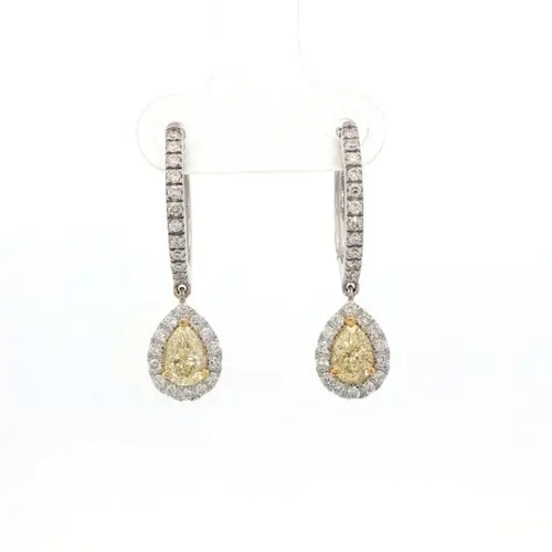 Ladies 14k White Gold Fancy Yellow Diamond Dangle Hoop Earrings (1.53 cttw.)
