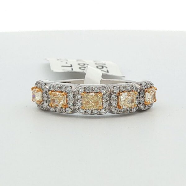 14K WG Ring w/ 5 radiant cut fancy yellow diamonds surround by white diamond halos