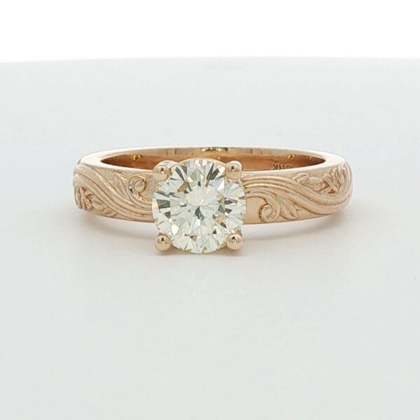 14K YG Floral Solitaire Engagement Ring w/ 1.05 ct. Round Brilliant Diamond