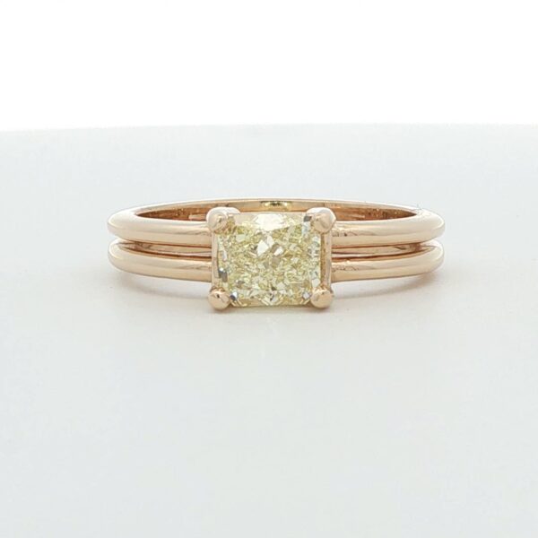 14K YG Split Shank Diamond Solitaire w/ 1.05 ct. Fancy Yellow Cushion Diamond