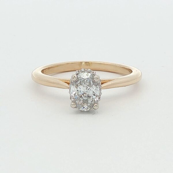 14K YG Cathedral Style Solitaire Engagement Ring w/ .70 ct. Oval Center and .04 tw. Hidden Halo