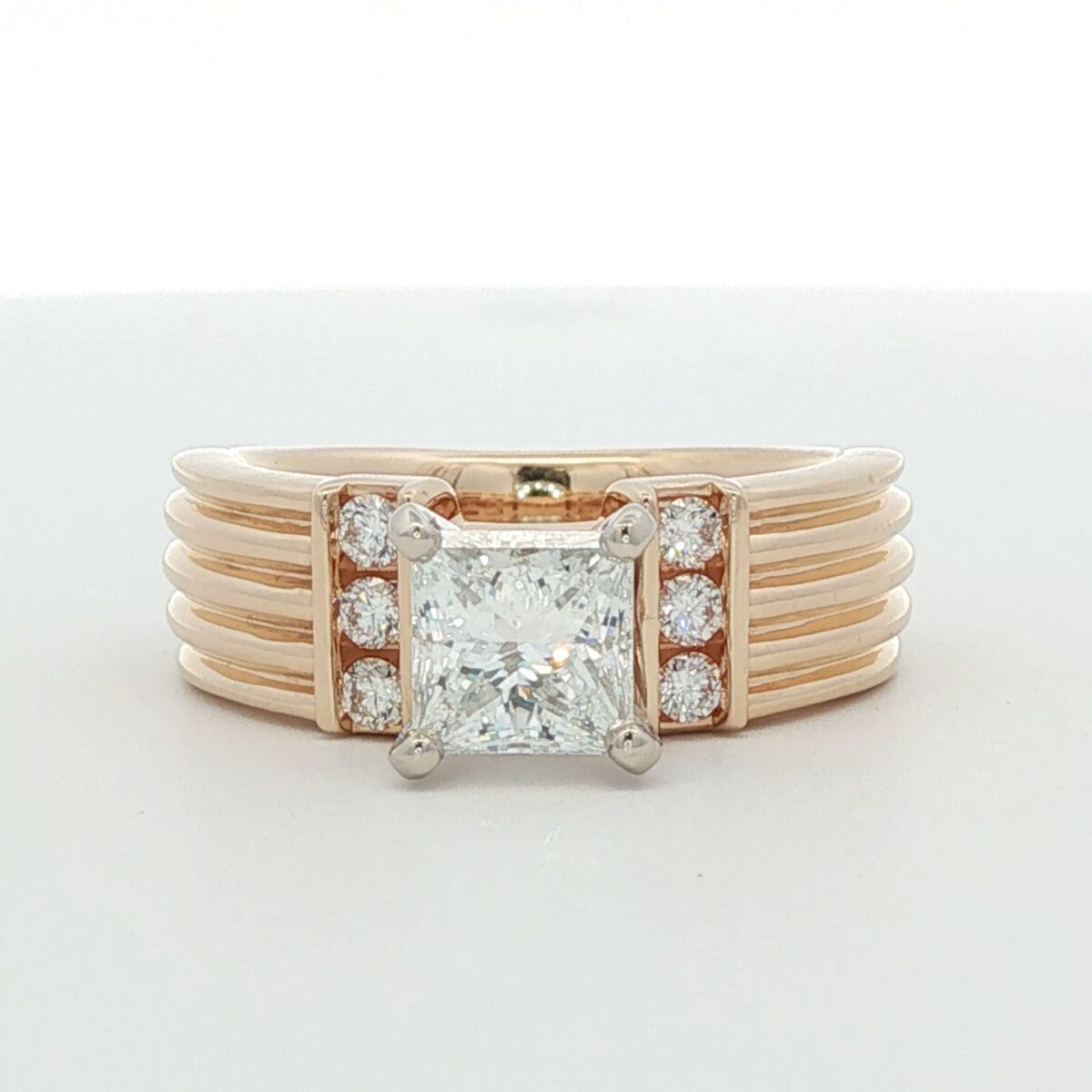 14K YG Engagement Ring w/ Ribbed Shank Band & 1.20 ct. Princess Cut Diamond