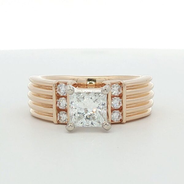 14K YG Engagement Ring w/ Ribbed Shank Band & 1.20 ct. Princess Cut Diamond
